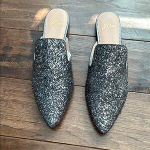 J. Crew Black and Silver Glitter Mules